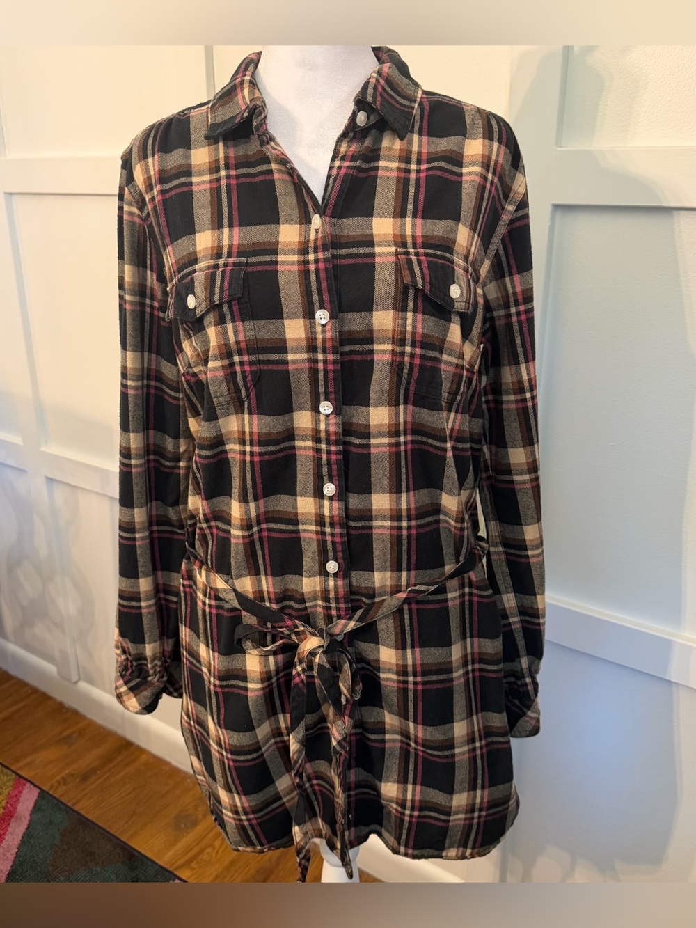 Levi's Plaid Button-Front Shirt Dress in Black, Brown & Pink
